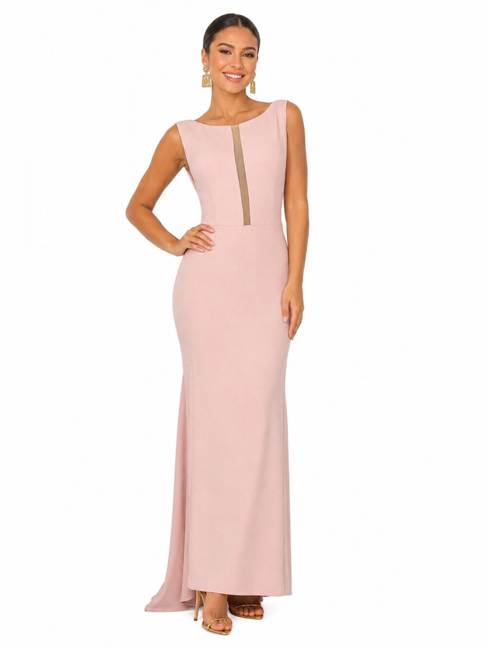 THEIA Blush Pink Mermaid Formal Maxi Dress Cowl Back Illusion Panel Size 12